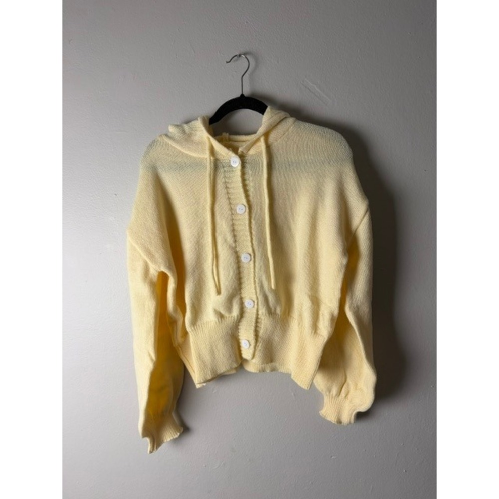 Yellow Hooded Knit Cardigan Sweater Pastel Button Up Balloon Sleeve Women Large